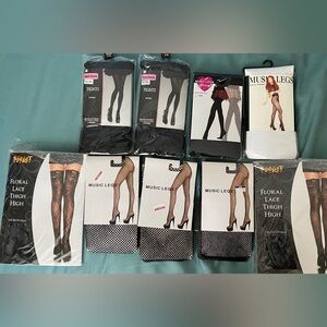 9 pantyhose. NIB 3bl tights, 3 fishnets 2 bl floral stockings.1 white leggings.